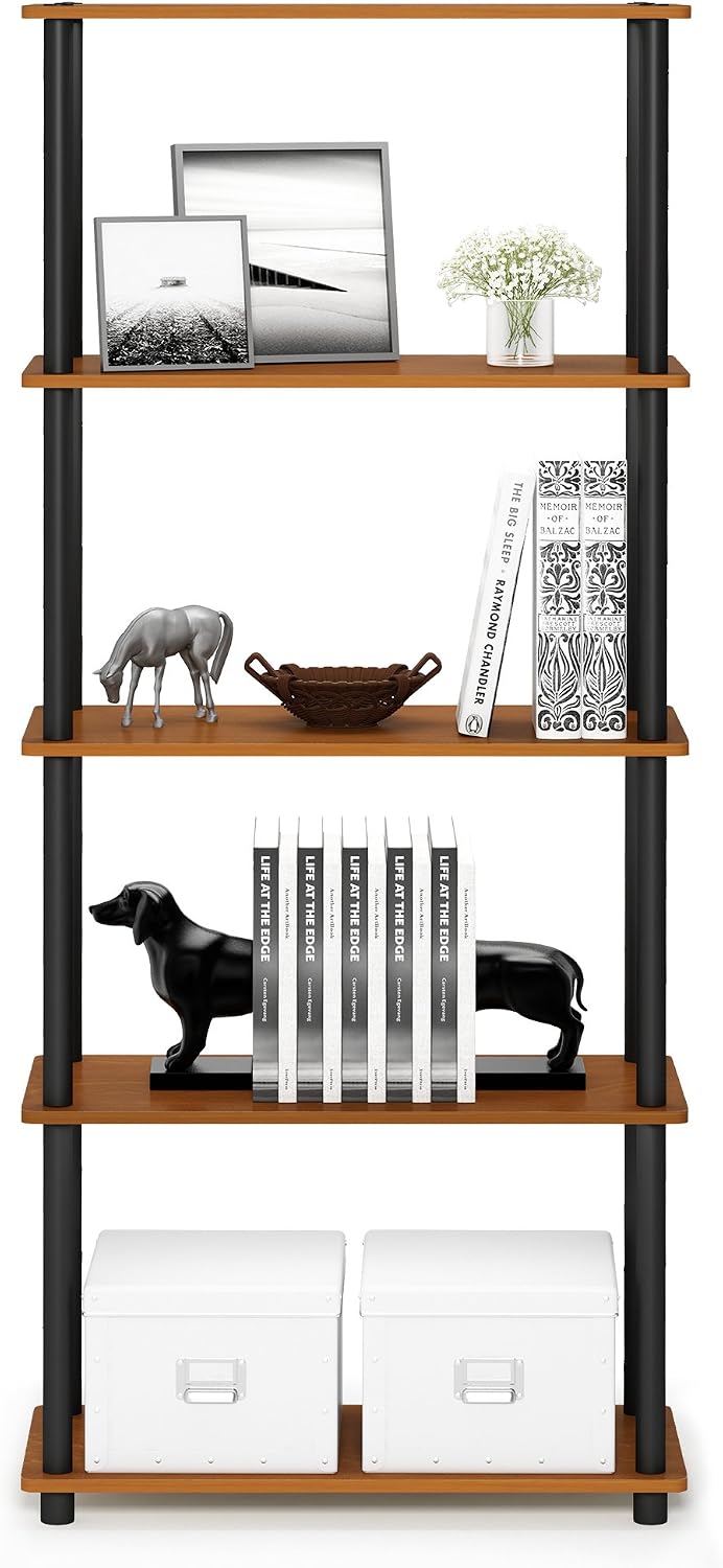 Wire Book Shelf, 5-Tier Industrial Style Metal Frame Bookcase, Display Shelf, 24 Wide, Walnut Cove