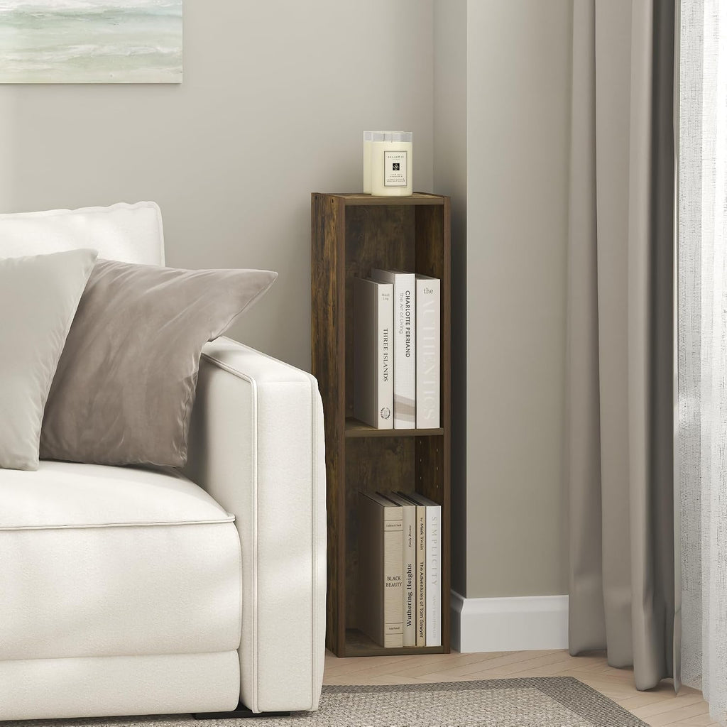 Fulda Book Shelf, 3-Tier Narrow Bookshelf, Bookcase with 8-in Width Storage Shelf, 9.3 x 7.9 x 31.5, for Living Room, Bedroom, Home Office, Amber Pine