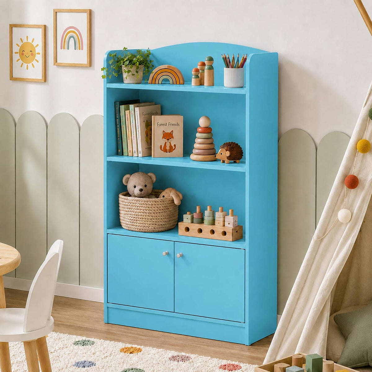 LOVA Book Shelf, Bookshelf with Storage Cabinet, Bookcase with Door, 11.8 x 23.6 x 37.3, for Living Room, Bedroom, Home Office, Light Blue