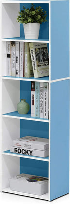 LUDER Book Shelf, 5-Tier Bookshelf, Bookcase with Open Shelves, 9.4 x 15.8 x 52, Easy Assembly, for Living Room, Bedroom, Home Office, White/Light Blue