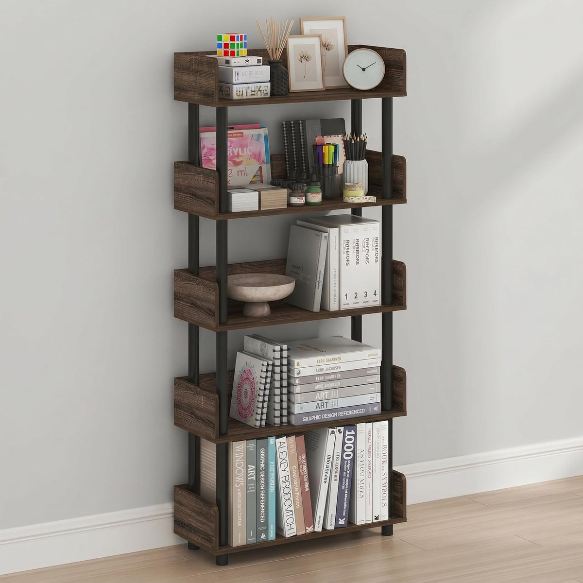 Turn-N-Tube Book Shelf, 5-Tier Bookshelf, Bookcases, Walnut