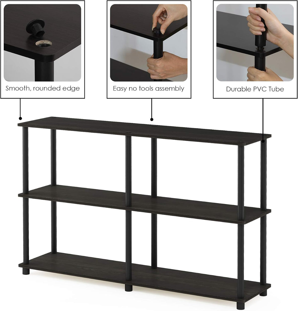 Turn-N-Tube Toolless Wide 3-Tier Storage Shelves, Black Espresso