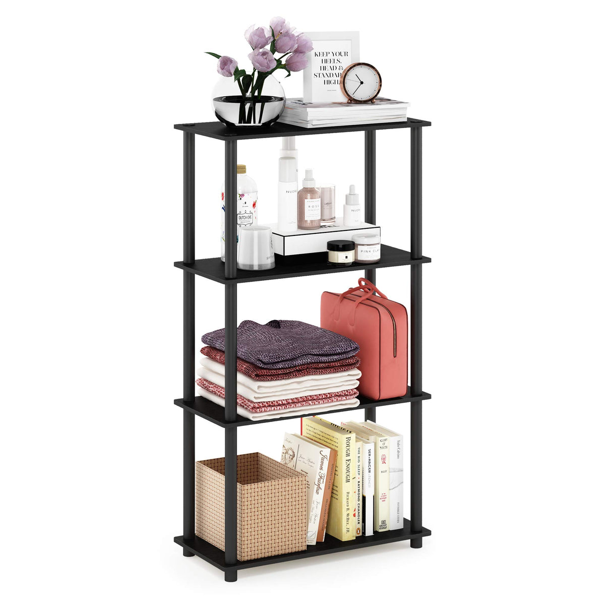 99152BE/WH/IV 3-Tier Go Green Multipurpose Storage Rack Shelving Unit Bookshelf Cabinet with 2 Bins, Beech Finish
