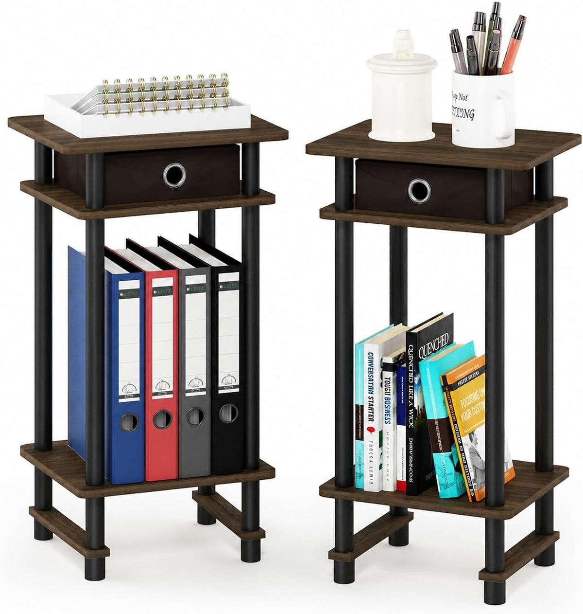 Turn-N-Tube Toolless Set of 2 Side Table, 3-Tier, Brown Walnut