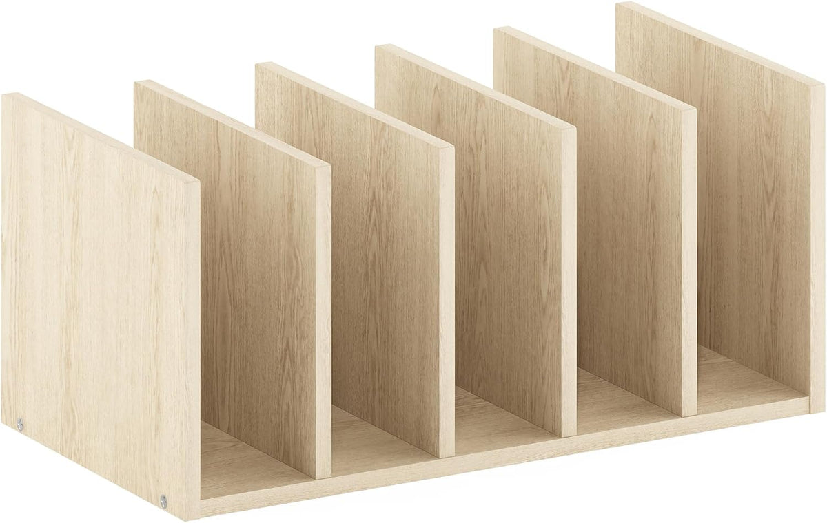 HERMITE Desk File Folder Organizers, 5-Space Vertical Desktop Office Organization Racks, Desk Top Display Book Shelf, for Paper, Office Supplies, Magazine, Bauhaus Oak