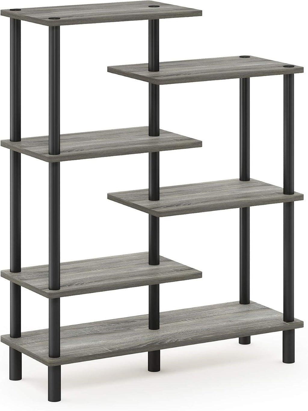 Turn-N-Tube Toolless Assembly 6-Tier Grey Book Shelf, Accent Display Shelf, Open Shelves, Round Tubes, for Organization and Storage, Living Room, Garage, Home Office, Grey Oak