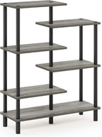 Turn-N-Tube Toolless Assembly 6-Tier Grey Book Shelf, Accent Display Shelf, Open Shelves, Round Tubes, for Organization and Storage, Living Room, Garage, Home Office, Grey Oak