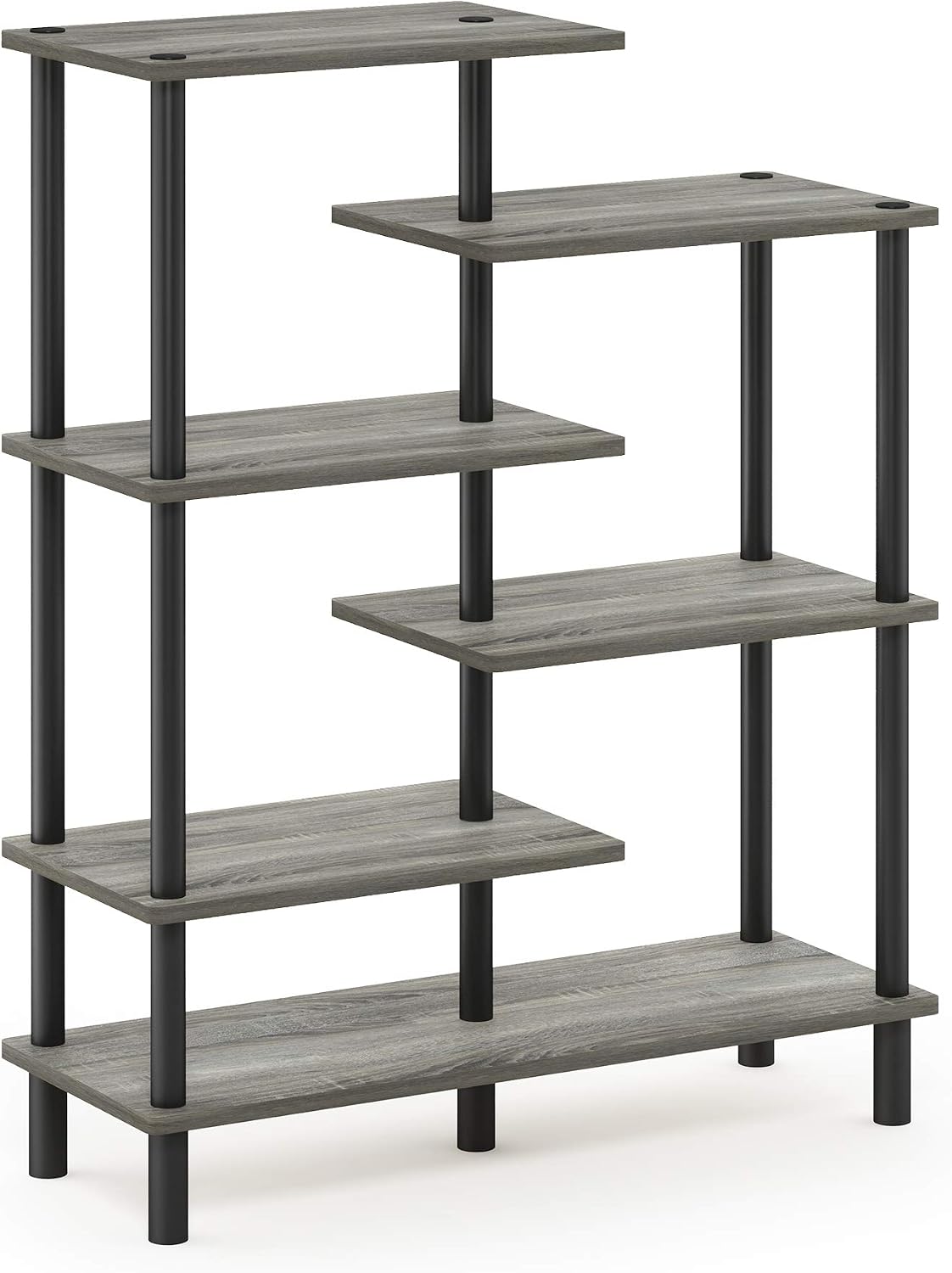 Turn-N-Tube Toolless Assembly 6-Tier Grey Book Shelf, Accent Display Shelf, Open Shelves, Round Tubes, for Organization and Storage, Living Room, Garage, Home Office, Grey Oak