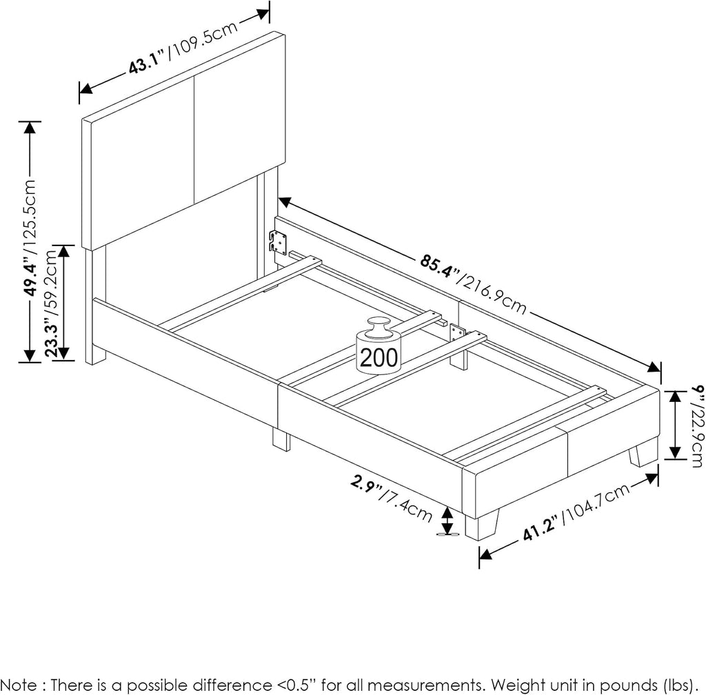 PESSAC Bed Frame, Twin XL Size Bedframe with Fabric Upholstered Headboard, Bed with Legs, Wooden Slat Support, Easy Assembly, for Bedroom, Dorm, Light Grey