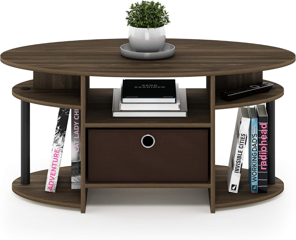 Jaya Simple Design Oval Coffee Table with Bin for Living Room, Columbia Walnut/Black/Dark Brown