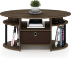 Jaya Simple Design Oval Coffee Table with Bin for Living Room, Columbia Walnut/Black/Dark Brown