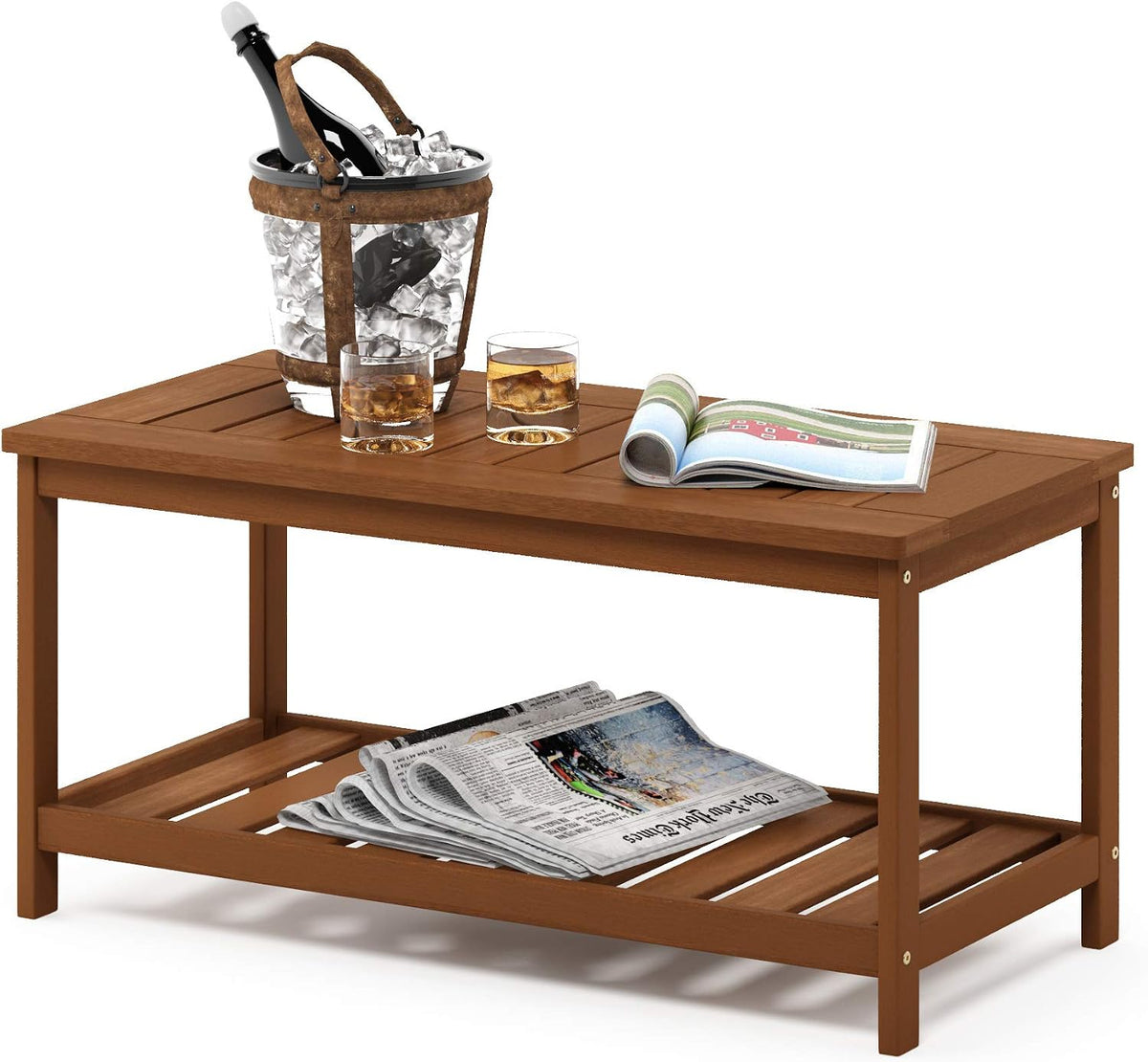 2-Tier Outdoor Patio Table with Open Shelf, Natural