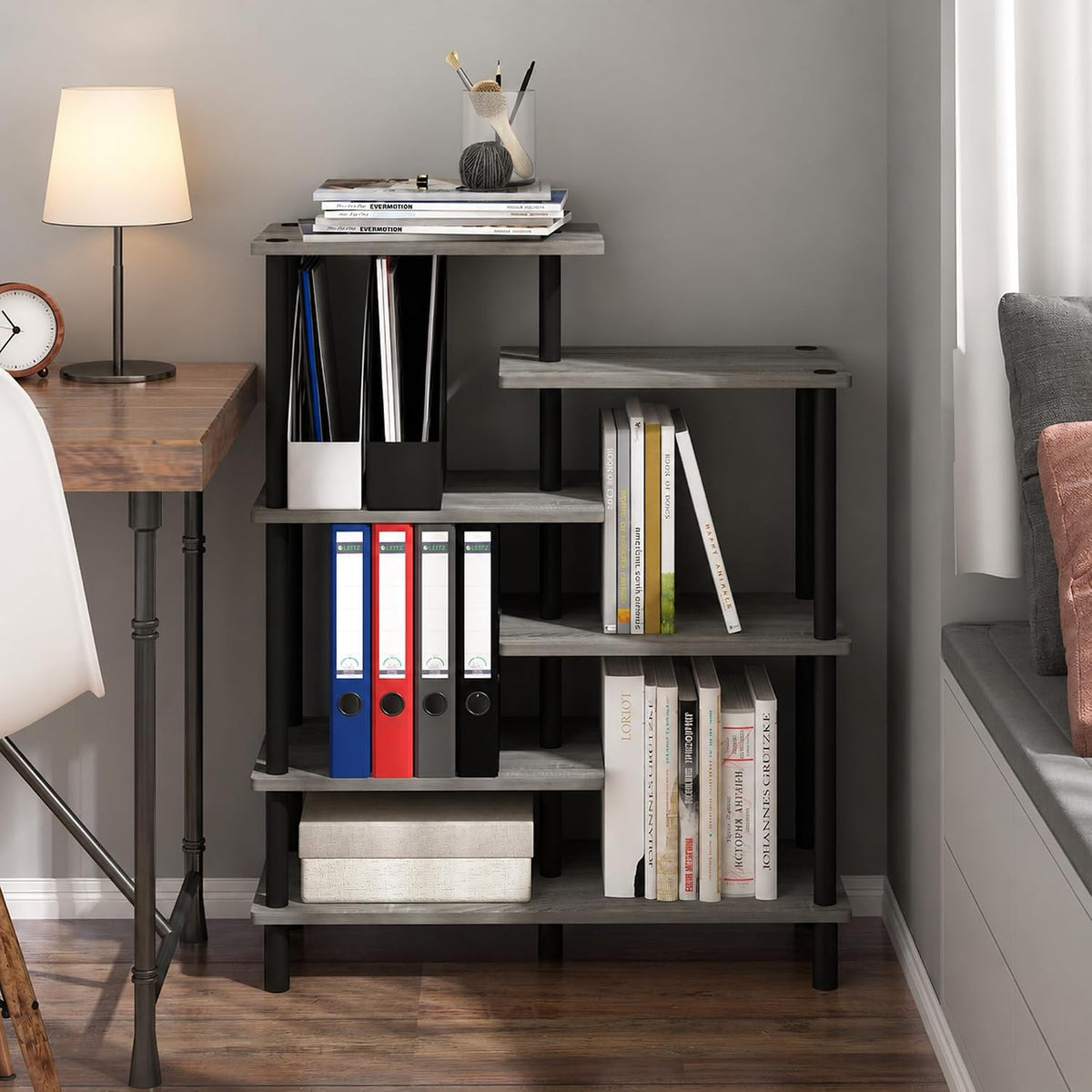 Turn-N-Tube Toolless Assembly 6-Tier Grey Book Shelf, Accent Display Shelf, Open Shelves, Round Tubes, for Organization and Storage, Living Room, Garage, Home Office, Grey Oak