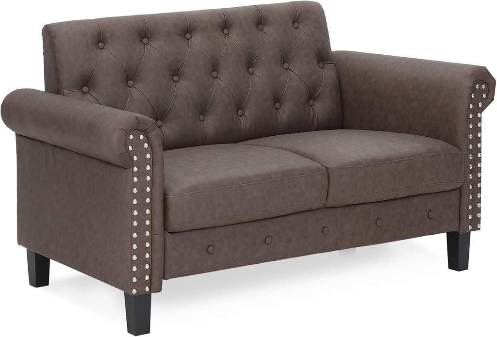 Bastia Vintage Modern Chesterfield Button Tufted Loveseat/Sofa Couch for Living Room, Brown Faux Leather