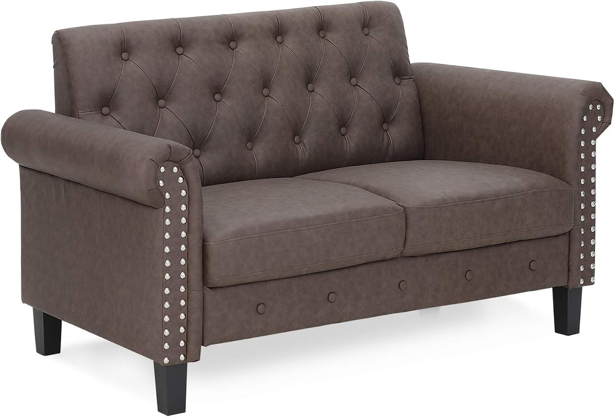 Bastia Vintage Modern Chesterfield Button Tufted Loveseat/Sofa Couch for Living Room, Brown Faux Leather