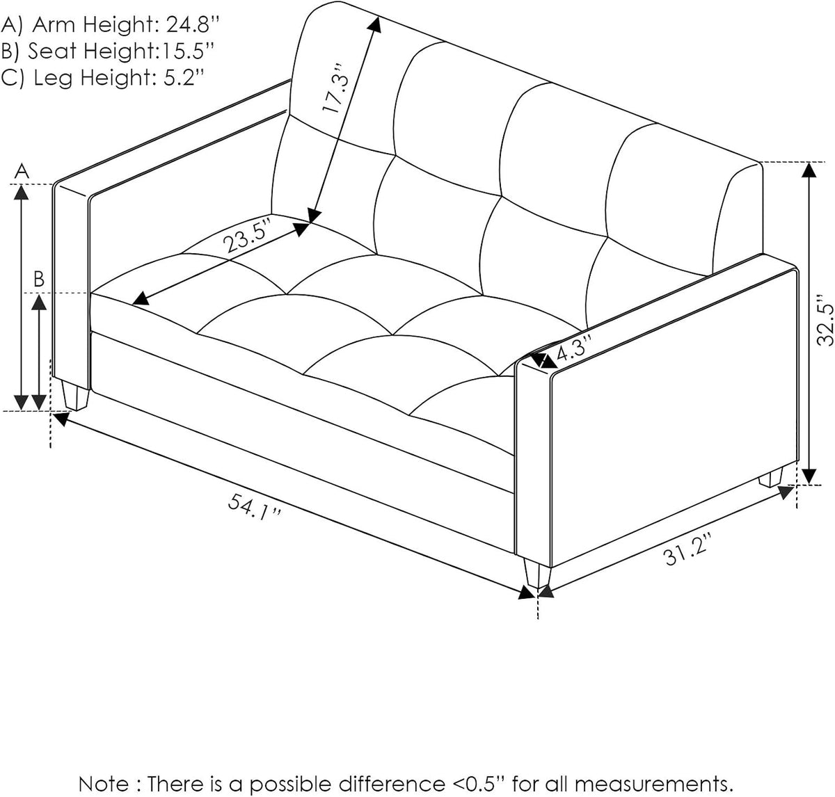 BRIVE 2-Seater Loveseat Sofa, 54" Wide, Black Faux Leather