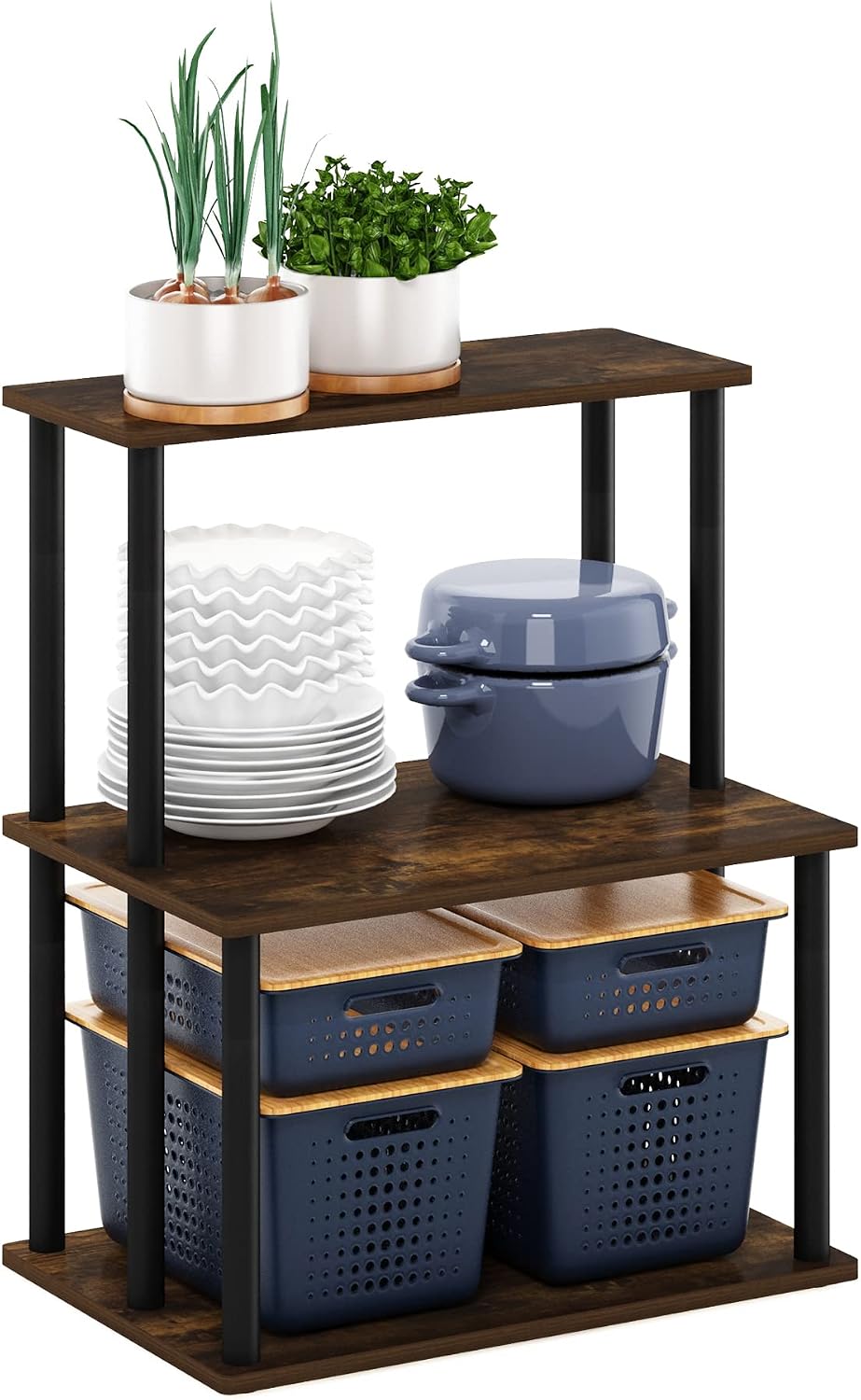Turn-N-Tube 3-Tier Toolless Kitchen Storage Shelf, Amber Pine/Black