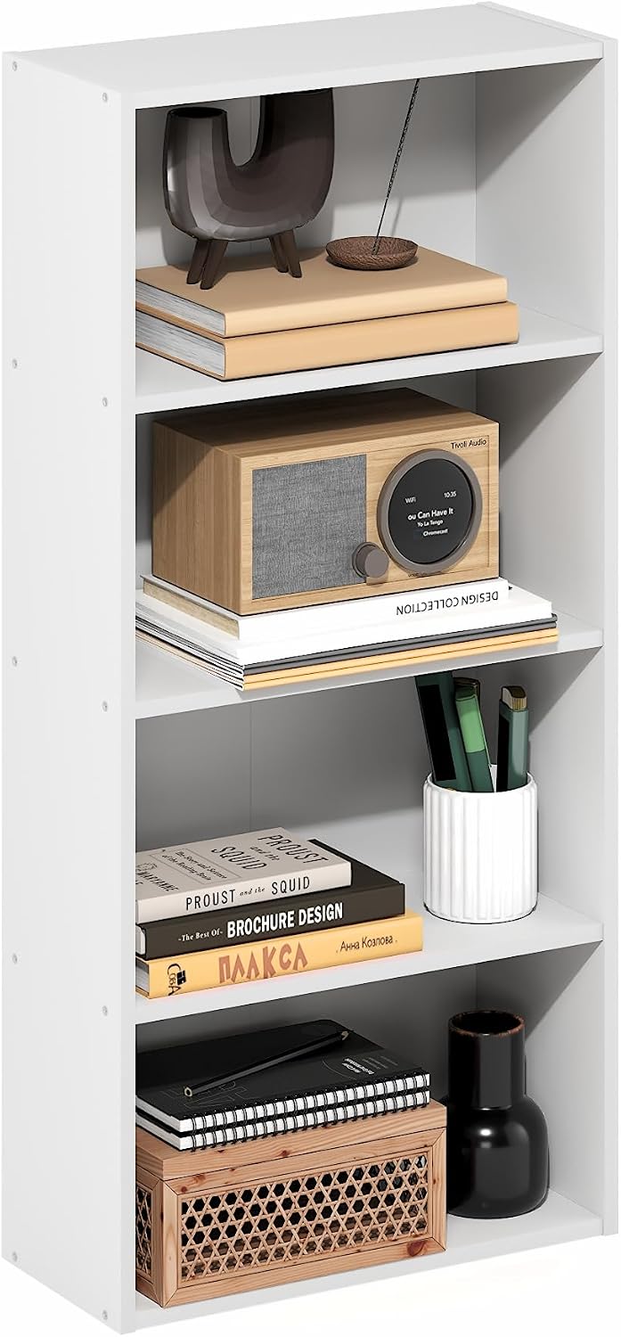 Basic Book Shelf, 4-Tier Bookcase with Open Shelf, Bookshelf, Cube Storage Organizer, 7 x 17 x 35, for Living Room, Bedroom, Home Office, White