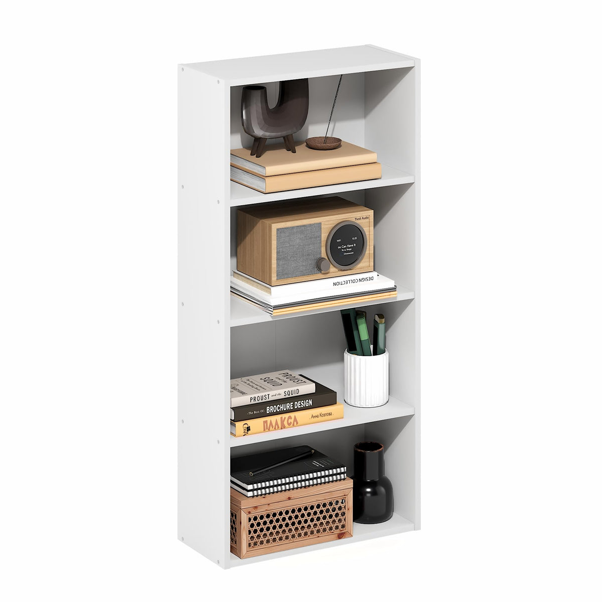 Basic Book Shelf, 4-Tier Bookcase with Open Shelf, Bookshelf, Cube Storage Organizer, 11 x 17 x 35, for Living Room, Bedroom, Home Office, Amber Pine