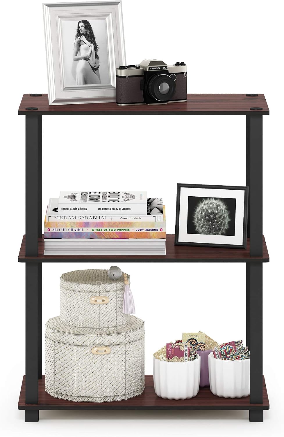 TURN-S-TUBE Storage Shelves, 3-Tier Book Shelf, Corner Shelf, Toolless Open Shelves, for Organization and Storage, Living Room, Garage, Home Office, Dark Cherry