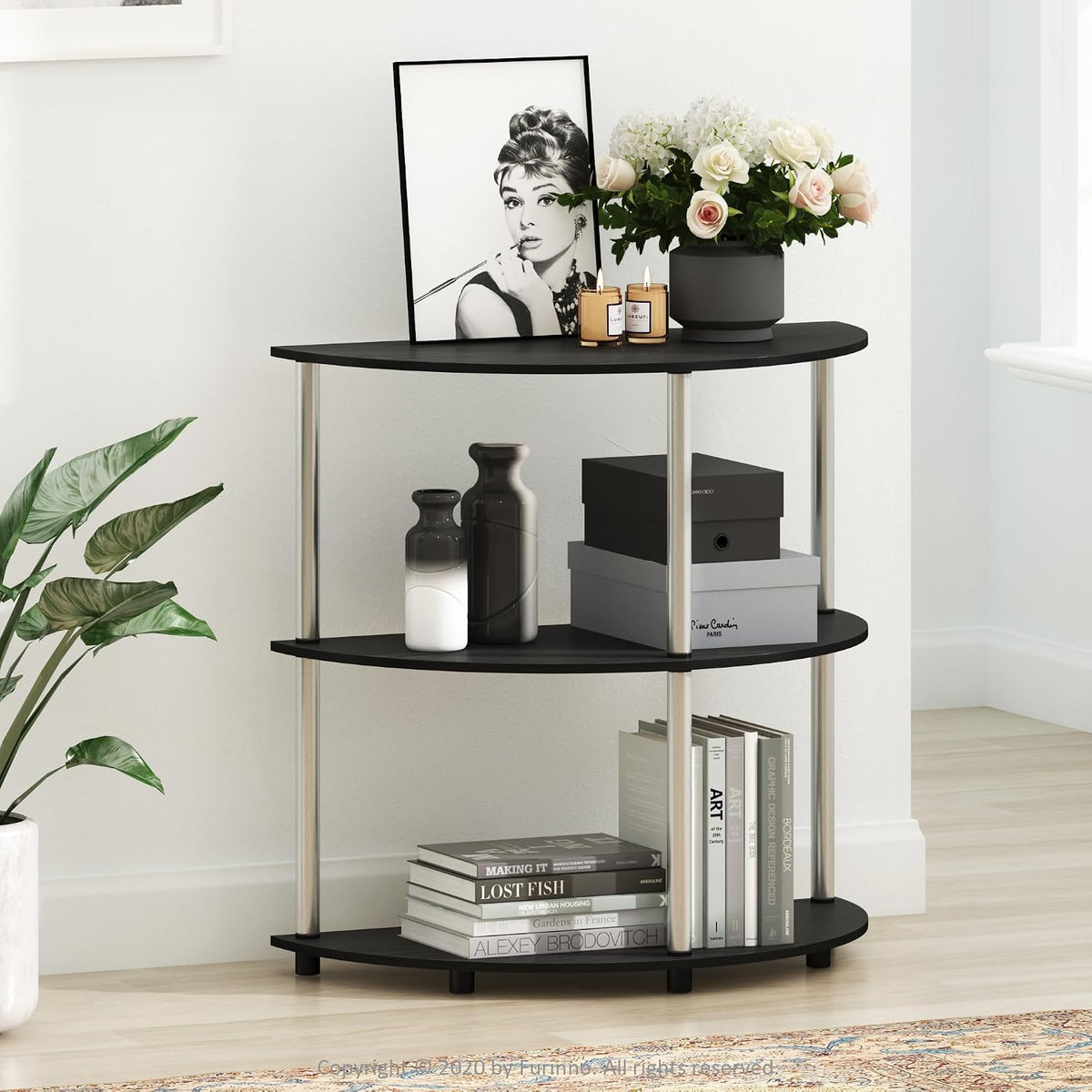 Frans Turn-N Half Round Console Table with Stainless Steel Tubes, Black Oak 15.6D x 31.1W x 30.8H in