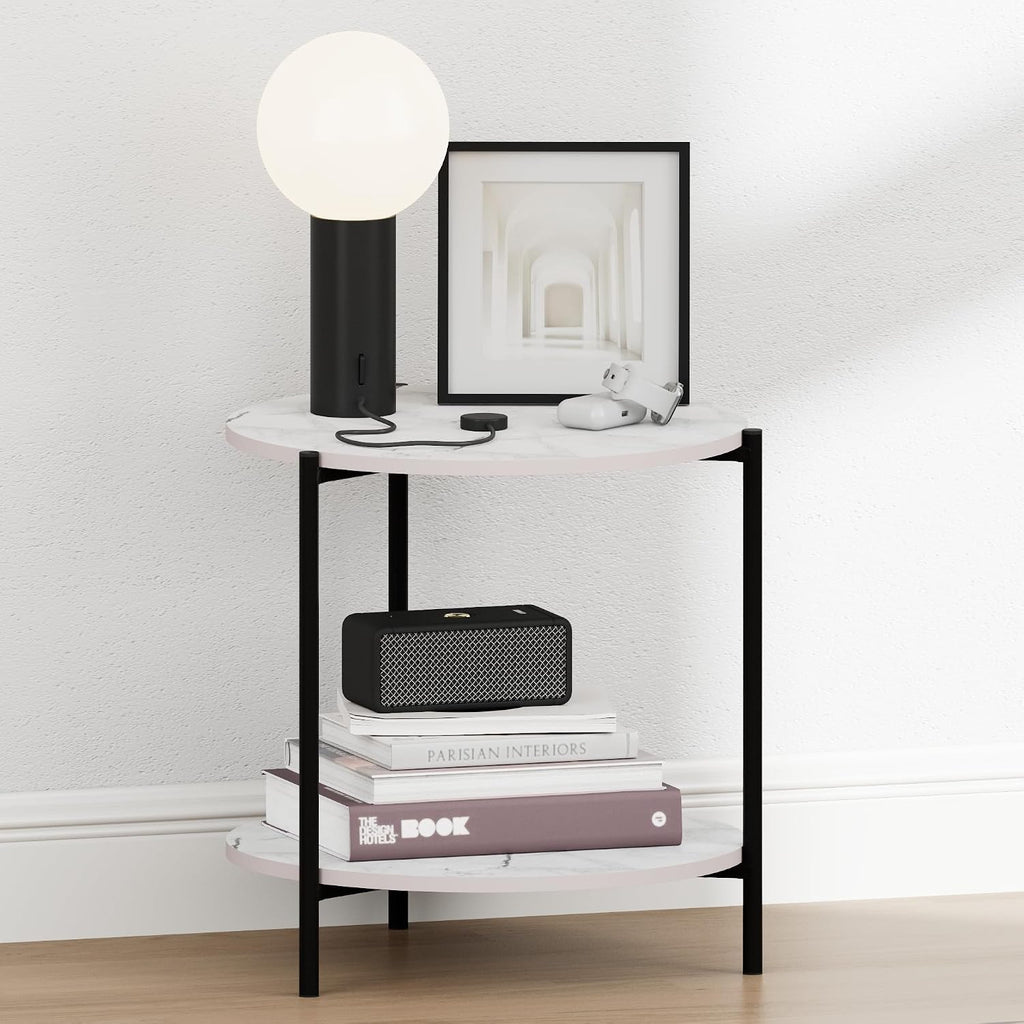 BESI Night Stand, 2-Tier Wide Round Nightstand, Metal Frame End Table, Bedside Table, Side Table with Open Shelf, for Living Room, Bedroom, Marble White
