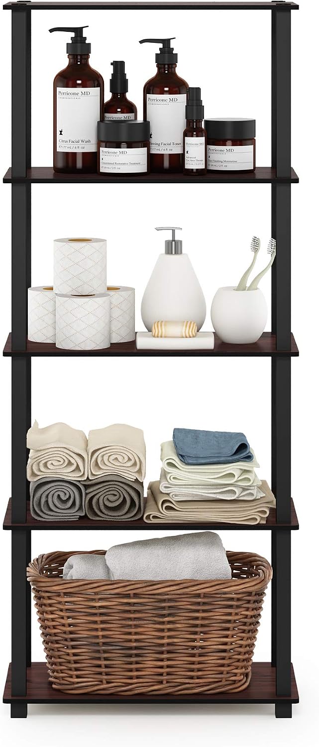 Turn-S-Tube Toolless Assembly 5-Tier Brown Storage Shelves with Square Tubes, Shelving Unit for Organization and Storage for Living Room, Home Office, Cherry Oak