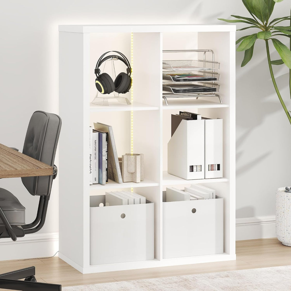 Cubicle Book Shelf with LED Lights, 6-Cube Bookshelf, Reversible Extra Thick Frame Bookcase, Display Storage Shelves, for Living Room, Bedroom, Home Office, White