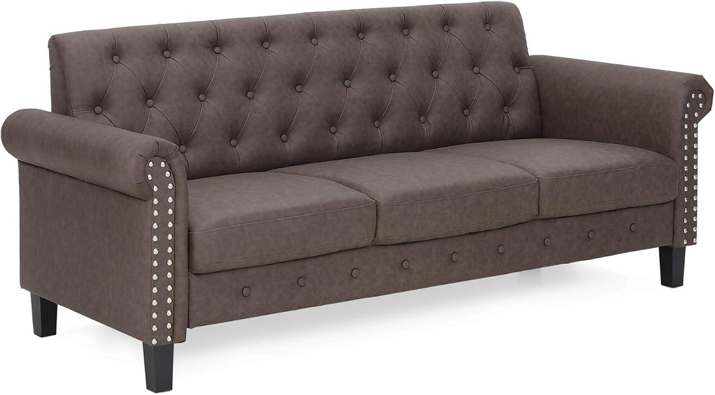 Bastia Vintage Modern Chesterfield Button Tufted 3-Seater Sofa Couch for Living Room, Brown Faux Leather