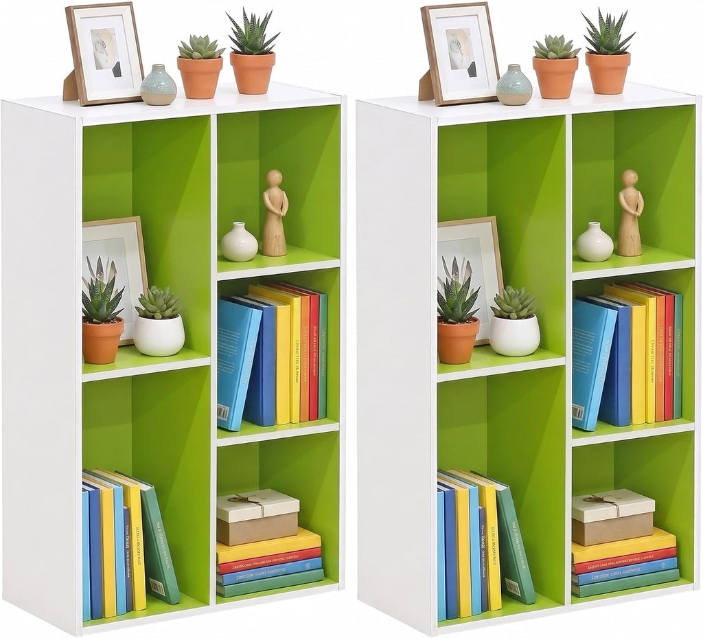 LUDER Set of 2 Book Shelf, 5-Cube, White/Green