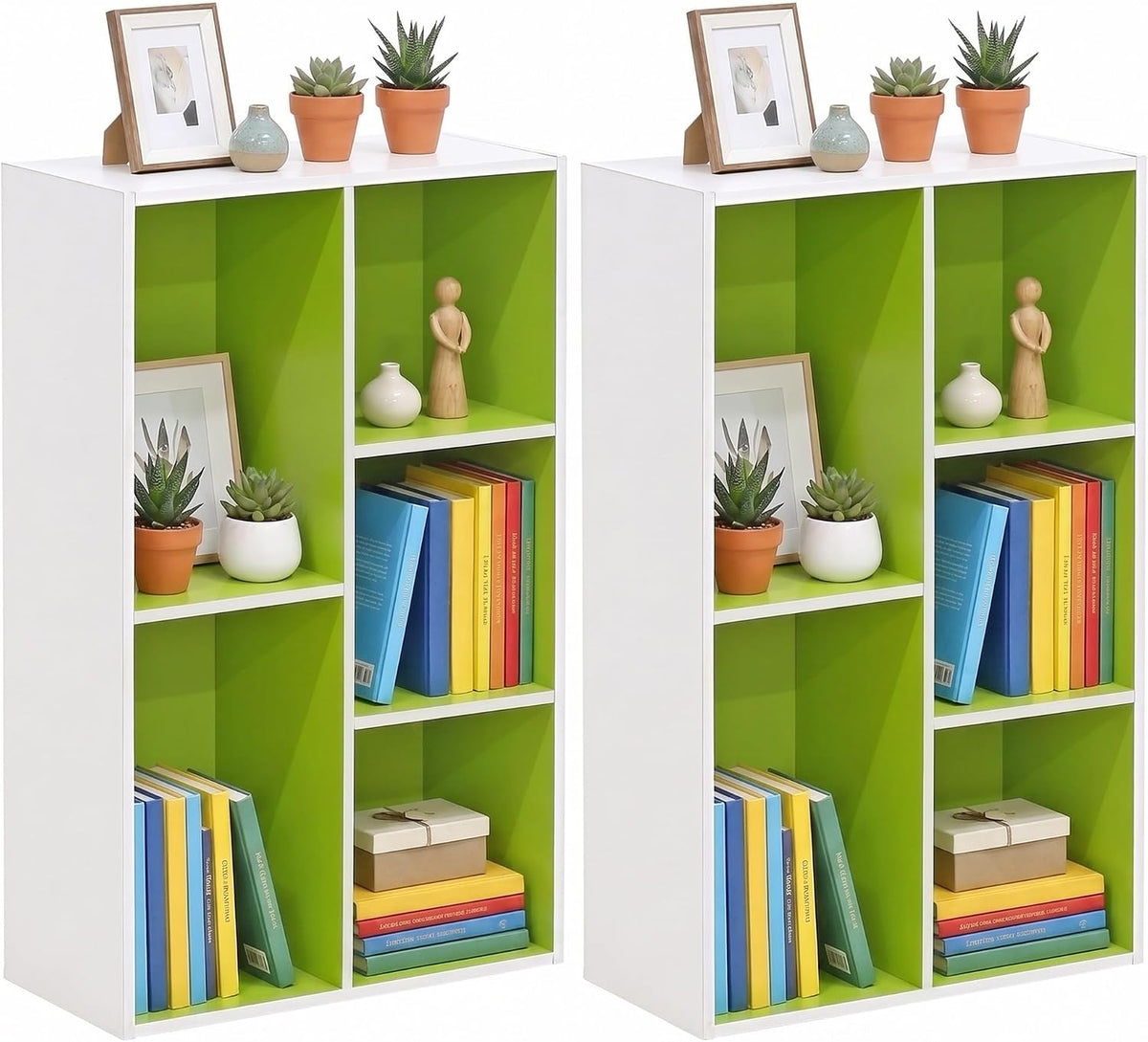 LUDER Set of 2 Book Shelf, 5-Cube, White/Green