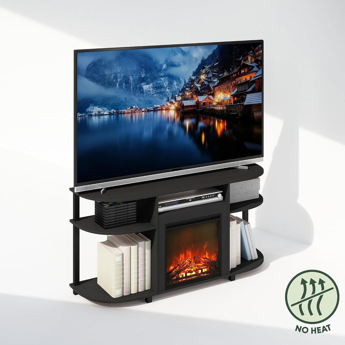 Jensen Fireplace TV Stand, NO Heat Decorative Electric Fireplace TV Stand for TV up to 55 Inch, with Curved Open Storage, for Living Room, Americano