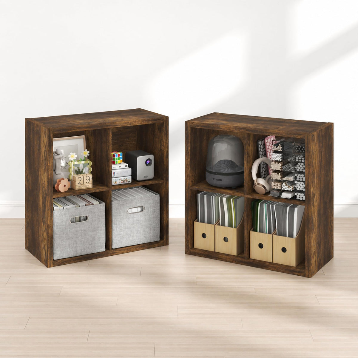 Cubicle Book Shelf Set of 2, 6-Cube Bookshelf, Light Grey