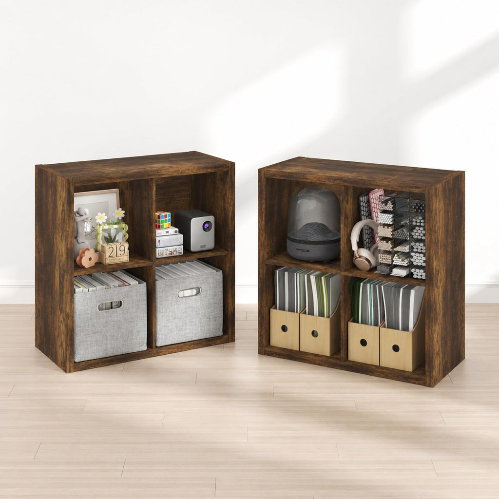 Cubicle Book Shelf Set of 2, 6-Cube Bookshelf, Black Dark Oak