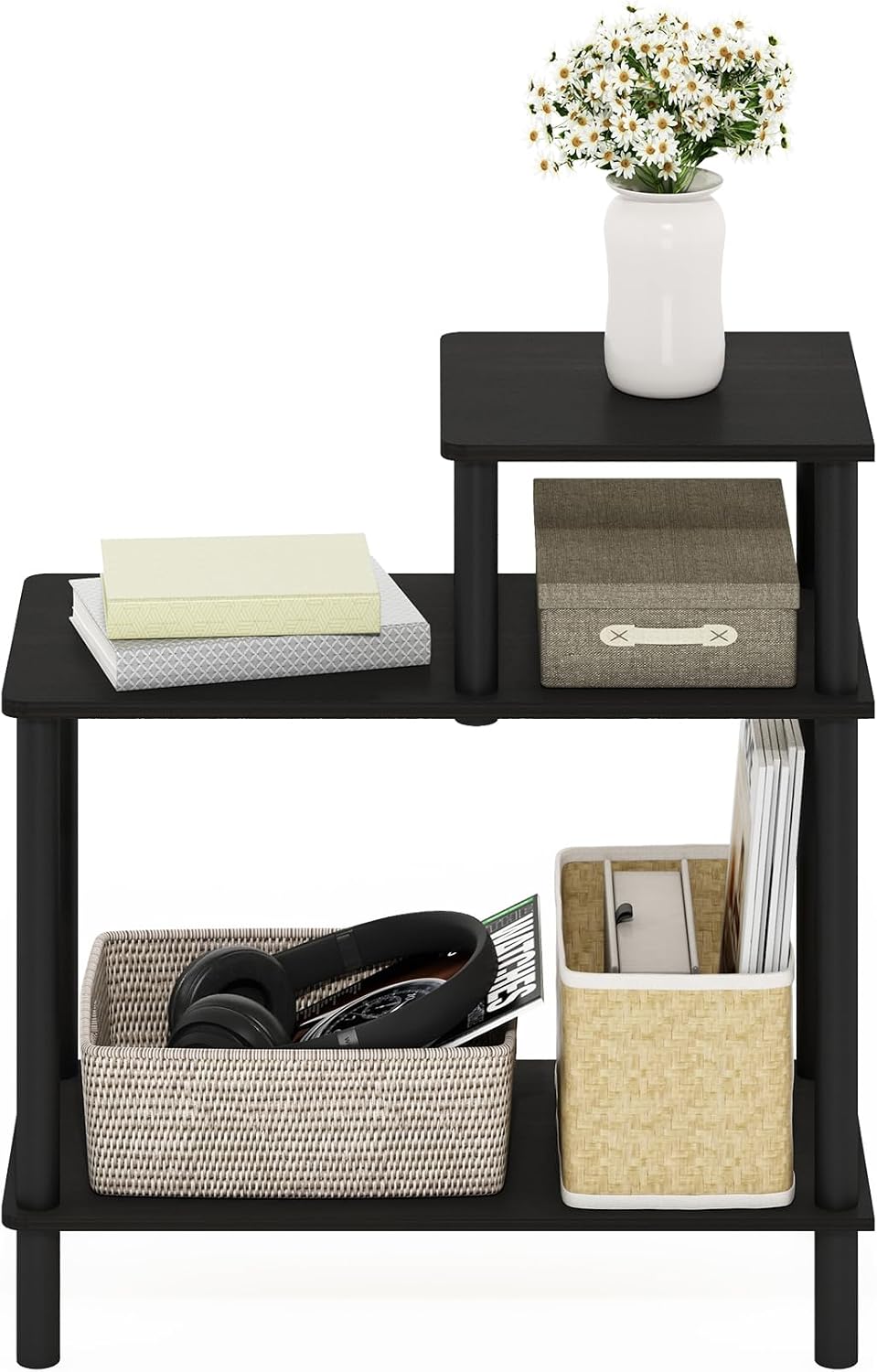 Turn-N-Tube Side Table, 3-Tier Rectangle Sofa End Table with Open Shelf, Toolless Assembly Night Stand, Bedside Table, for Living Room, Bedroom, Espresso