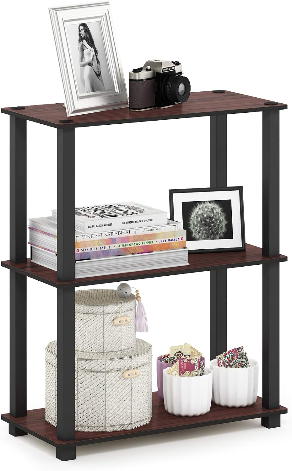 TURN-S-TUBE Storage Shelves, 3-Tier Book Shelf, Corner Shelf, Toolless Open Shelves, for Organization and Storage, Living Room, Garage, Home Office, Dark Cherry