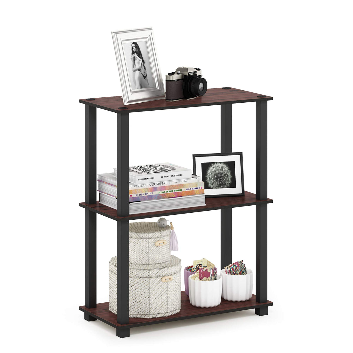 99152BE/WH/IV 3-Tier Go Green Multipurpose Storage Rack Shelving Unit Bookshelf Cabinet with 2 Bins, Beech Finish