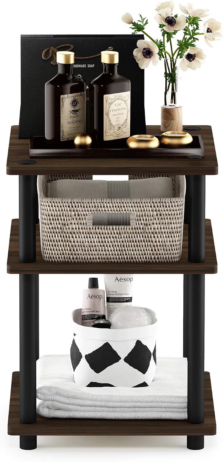 Turn-N-Tube Side Table, 3-Tier Square Modern End Table, Open Shelves Nightstand, Night Stand, Bedside Table, Easy Assembly, for Living Room, Bedroom, Columbia Walnut