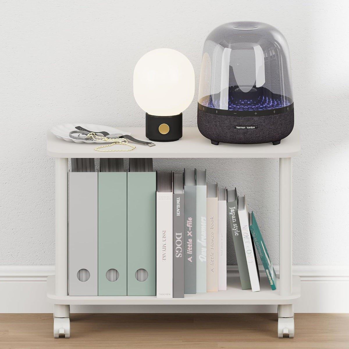 Turn-N-Tube Night Stand, 2-Tier Rectangle Nightstand with Wheels, Round Corner Side Table, End Table with Open Shelf, Toolless Assembly, for Living Room, Bedroom, White