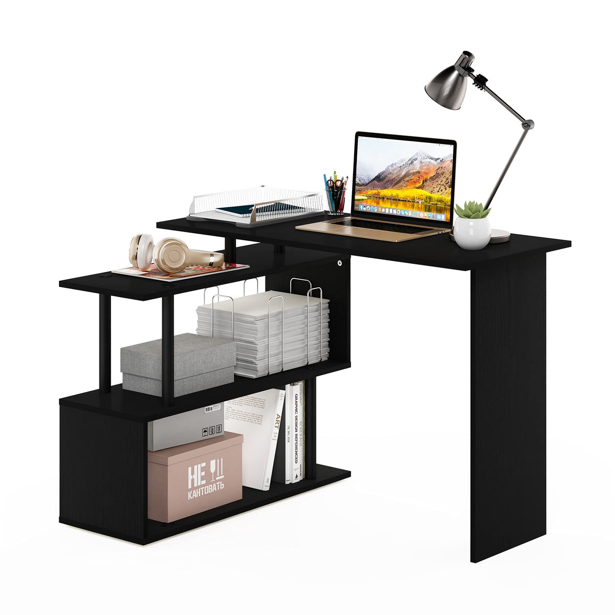 Abbott L-Shape Computer Desk with Bookshelf, French Oak Grey/Black