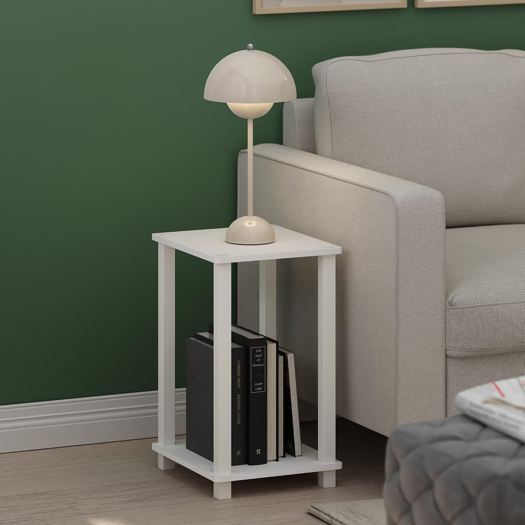 Simplistic Toolless Assembly Side Table, White 2-Tier End Table, Open Shelf Night Stand, Bedside Table for Living Room, Bedroom, Home Office, Plain White/White