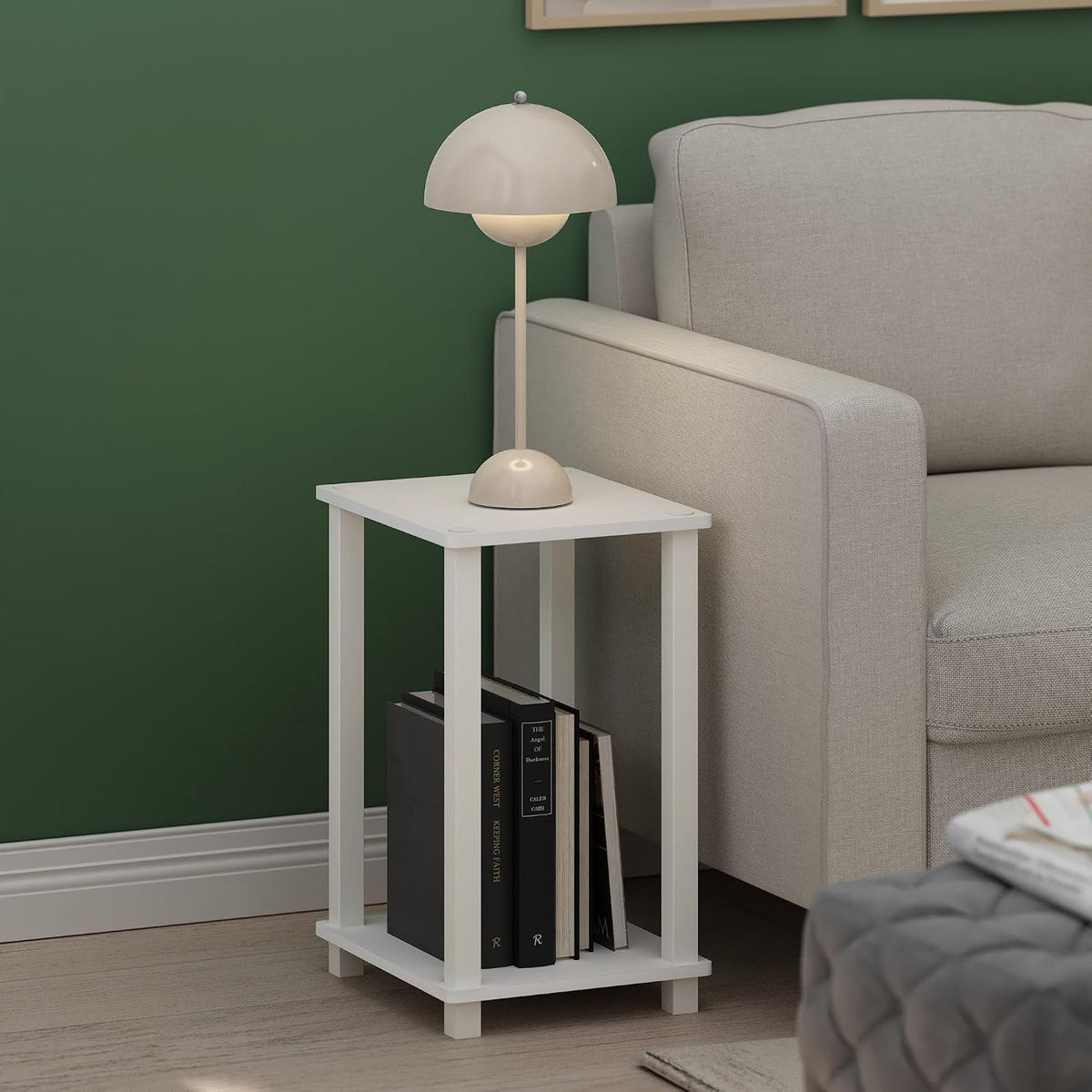 Simplistic Toolless Assembly Side Table, White 2-Tier End Table, Open Shelf Night Stand, Bedside Table for Living Room, Bedroom, Home Office, Plain White/White