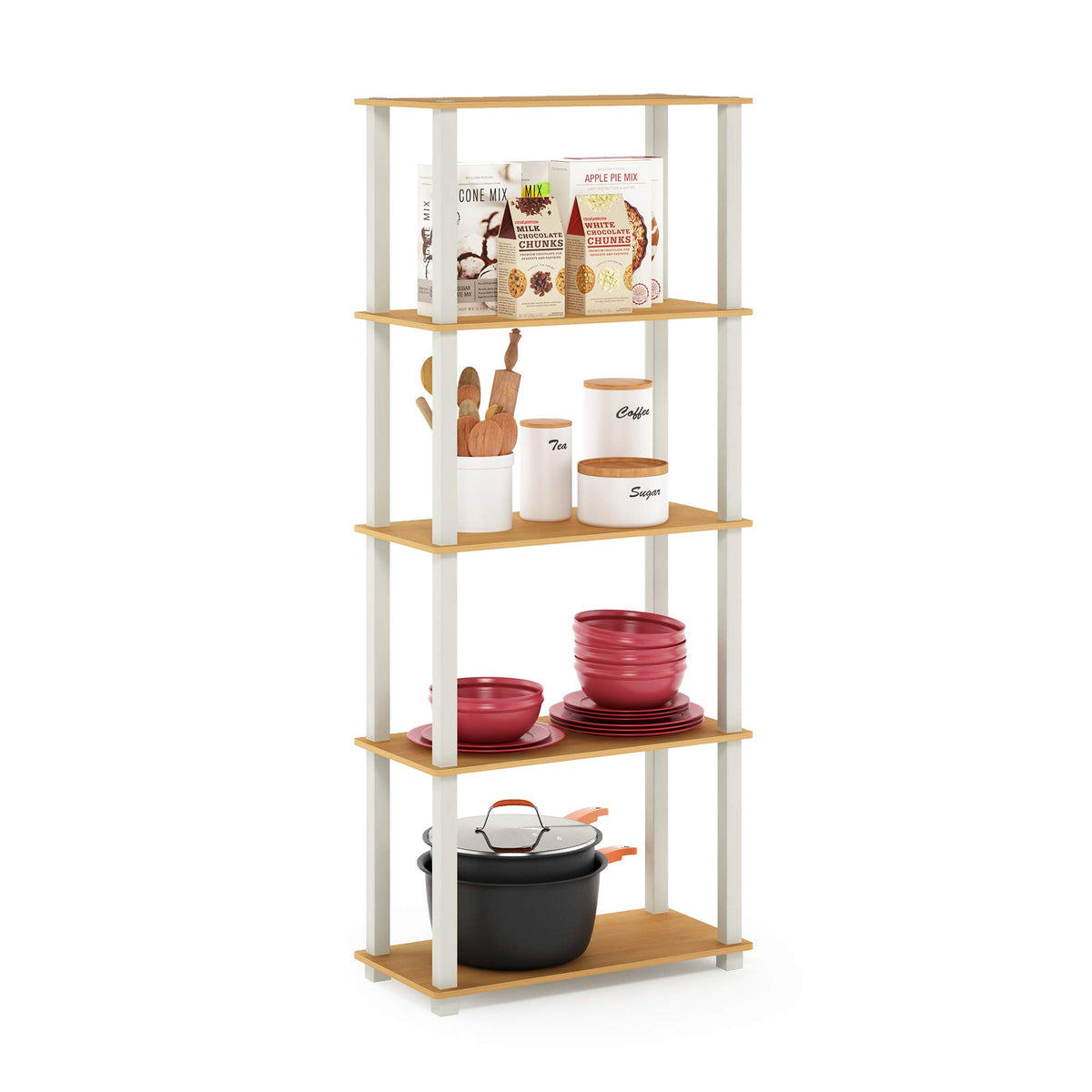 99152BE/WH/IV 3-Tier Go Green Multipurpose Storage Rack Shelving Unit Bookshelf Cabinet with 2 Bins, Beech Finish