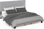 Skylar King Size Bed Frame with Geometric Design Upholstered Headboard, Bedframe with Adjustable Headboard, No Box Spring Needed, 12pcs Wooden Slat Support, for Bedroom, Dorm, Light Grey