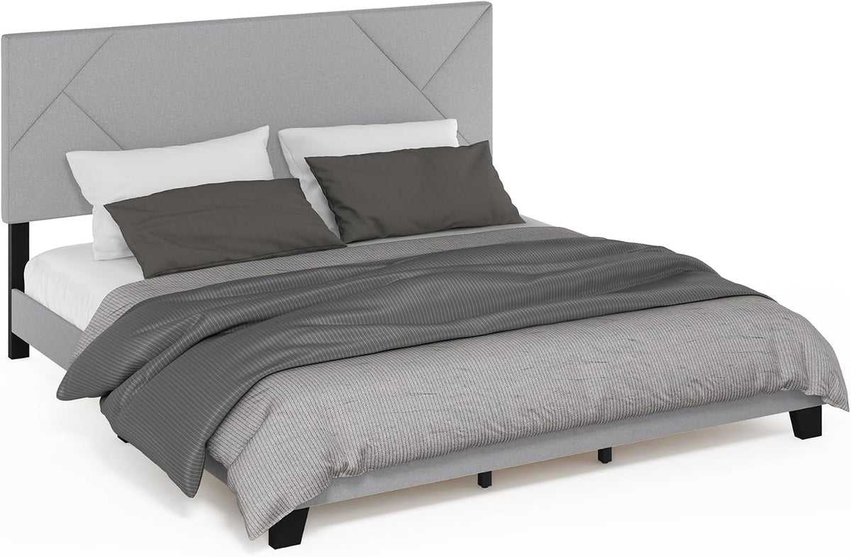 Skylar King Size Bed Frame with Geometric Design Upholstered Headboard, Bedframe with Adjustable Headboard, No Box Spring Needed, 12pcs Wooden Slat Support, for Bedroom, Dorm, Light Grey
