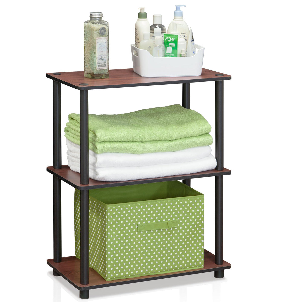 99152BE/WH/IV 3-Tier Go Green Multipurpose Storage Rack Shelving Unit Bookshelf Cabinet with 2 Bins, Beech Finish