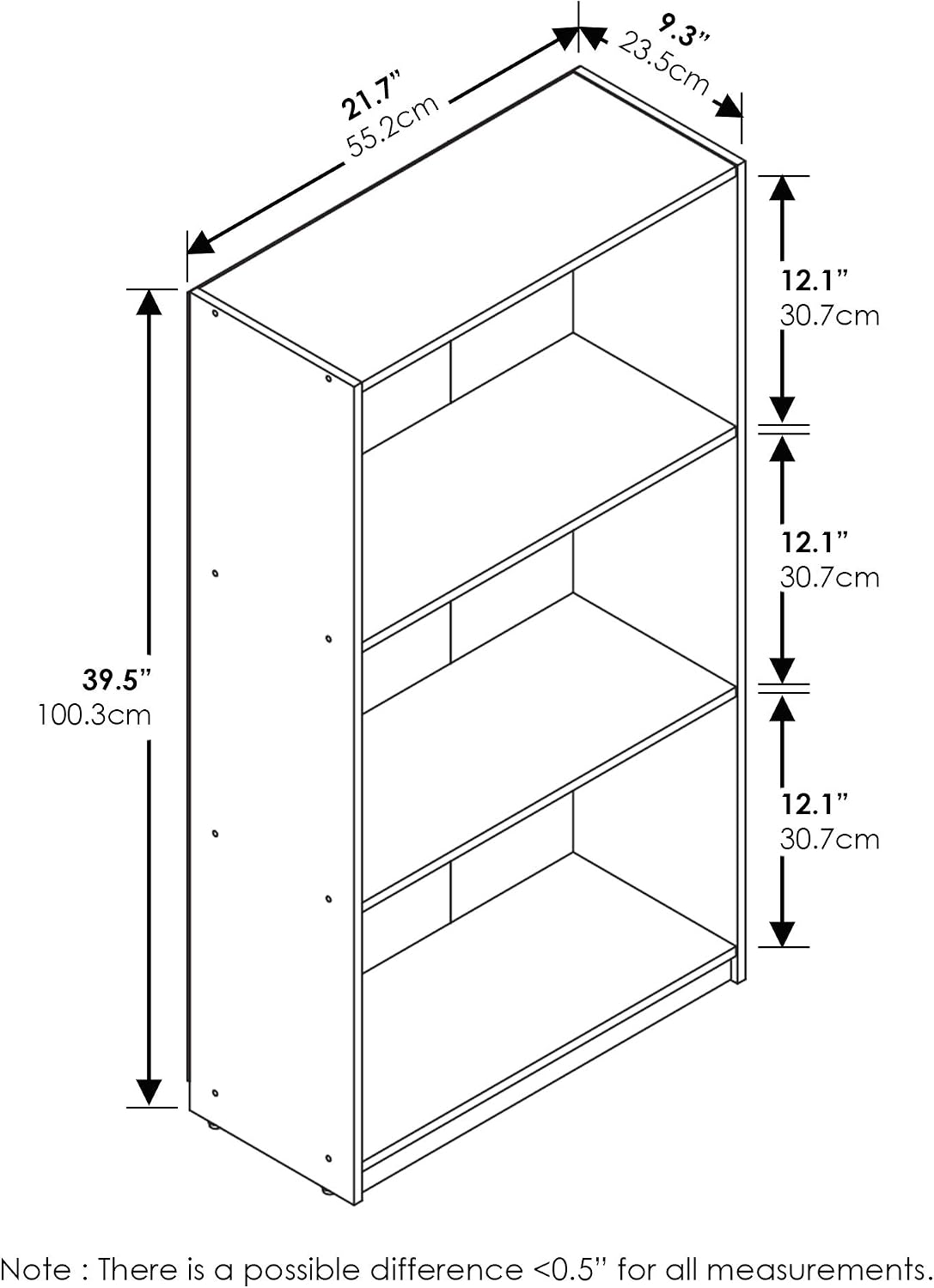 Basic 3-Tier Book Shelf with Open Shelves, Dark Walnut