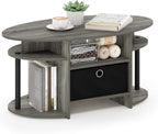 Jaya Oval Modern Grey Coffee Table with Side Shelves and Storage Bin, Side Table with Shelf, for Living Room, Bedroom, Home Office, Grey Oak