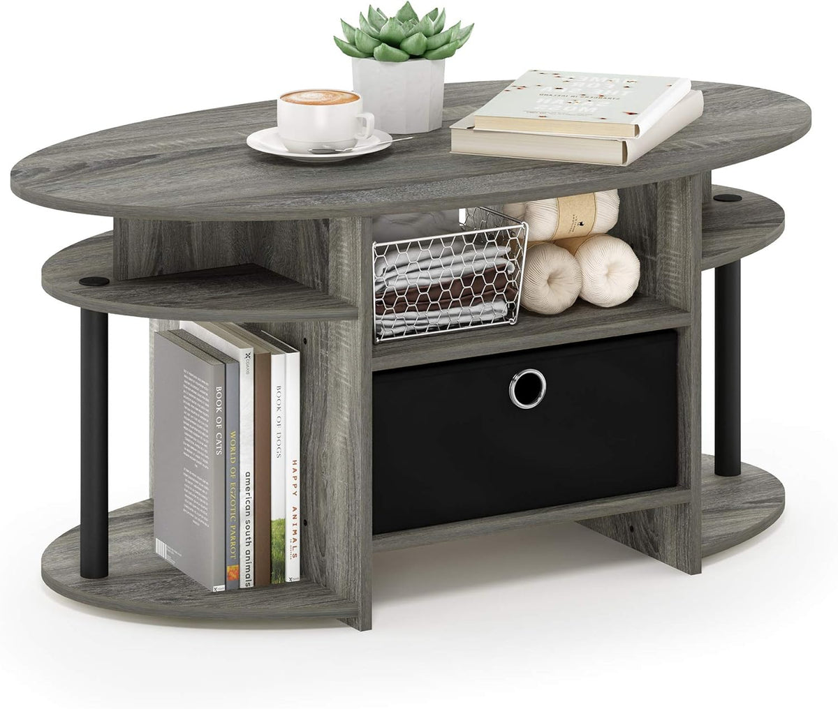 Jaya Oval Modern Grey Coffee Table with Side Shelves and Storage Bin, Side Table with Shelf, for Living Room, Bedroom, Home Office, Grey Oak
