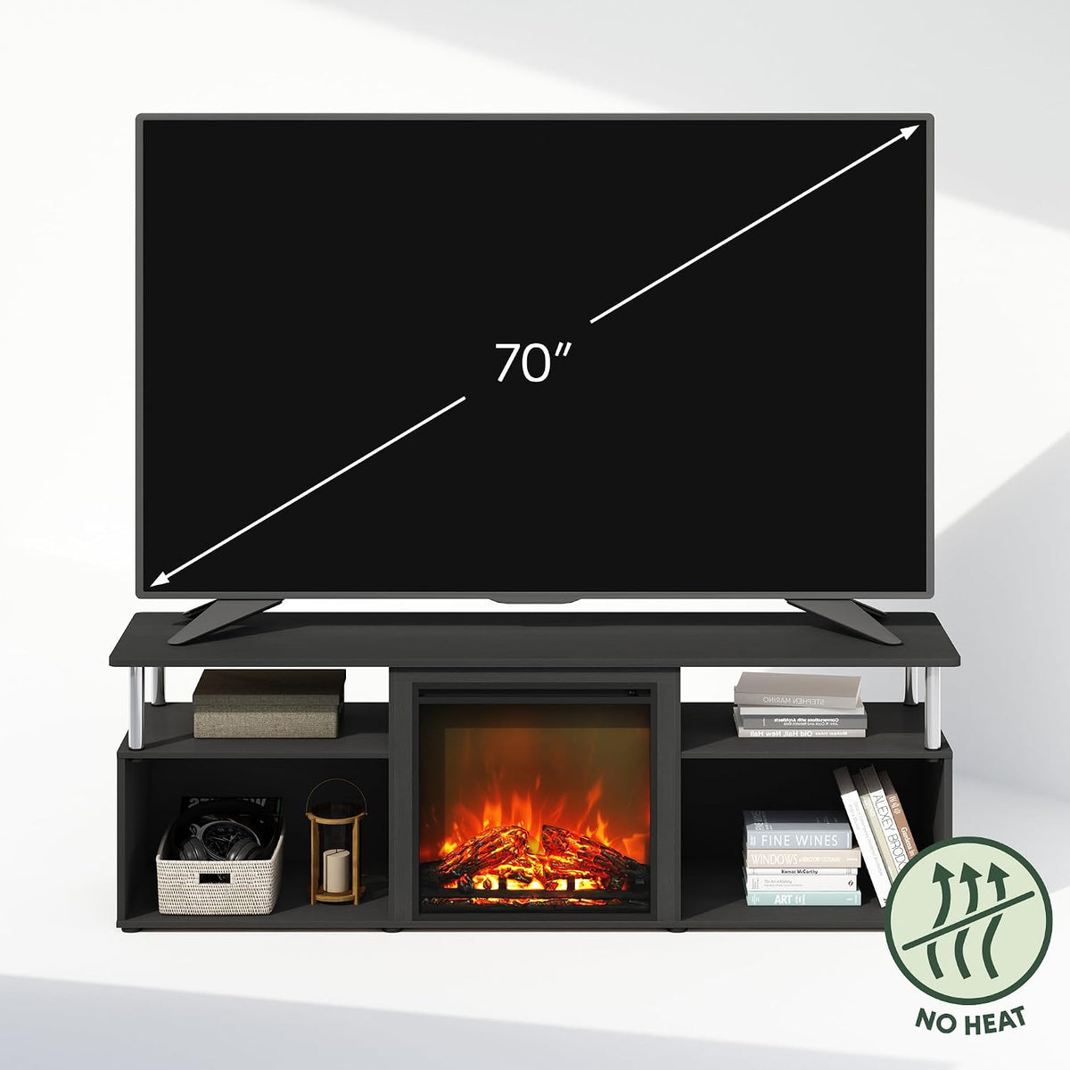 Jensen Fireplace TV Stand, NO Heat Decorative Electric Fireplace TV Stand for TV up to 70 Inch, with Open Storage, for Living Room, Americano/Stainless Steel